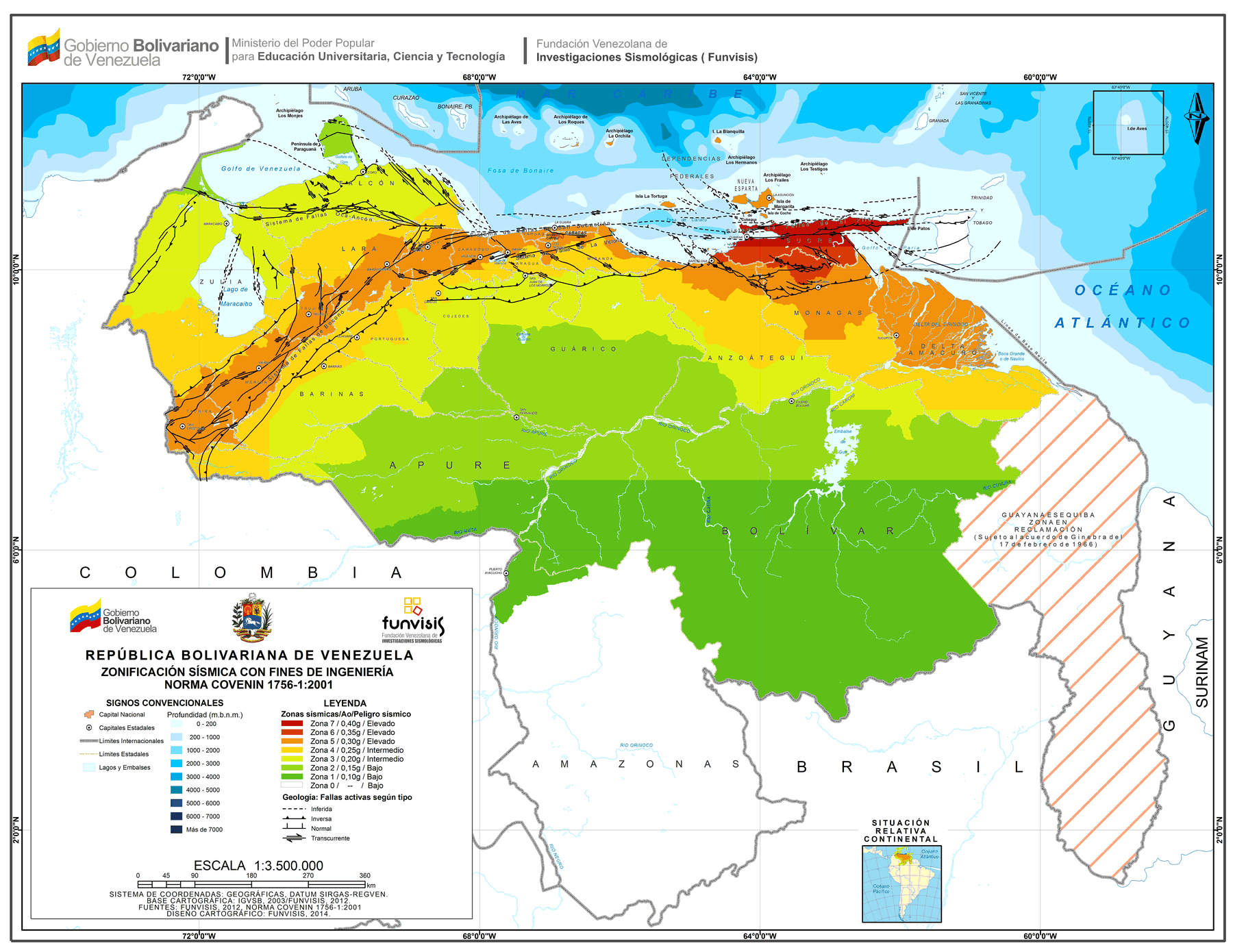 Mapa oficial a color de zonificación sísmica de Venezuela, FUNVISIS 2014, norma COVENIN 1756-1:2001