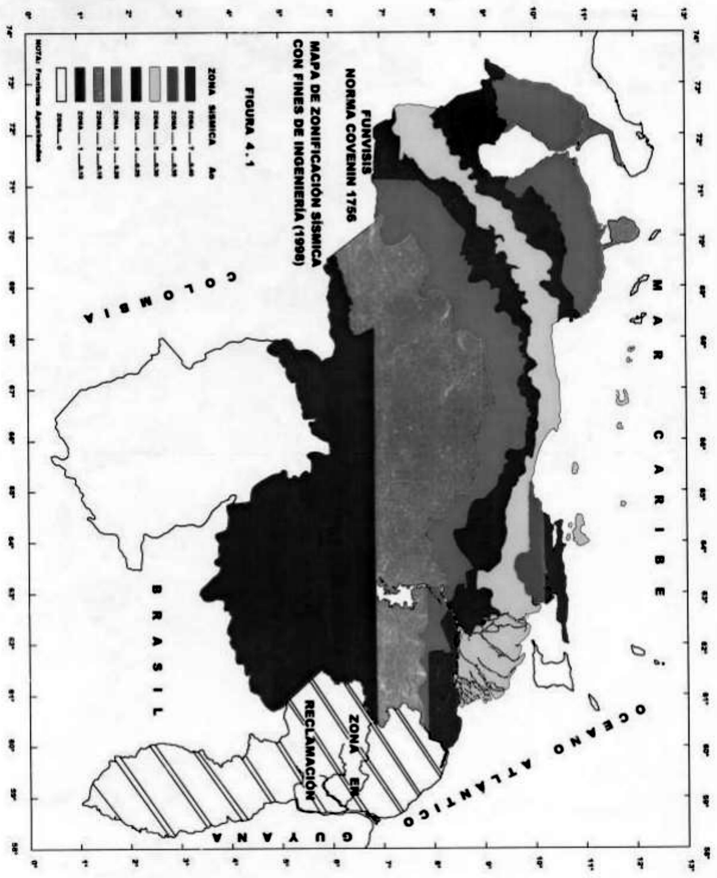 Mapa de zonificación sísmica de Venezuela, Figura 4.1 de la COVENIN 1756:2001, con las ocho zonas sísmicas en escala de grises
